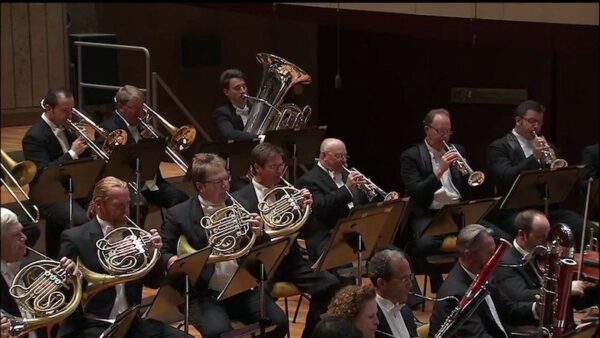 Koperblazers spelen naast houtblazers in een orkest op het podium