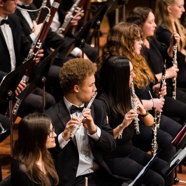 Houtblazers spelen samen in een orkest, met fluiten en fagotten
