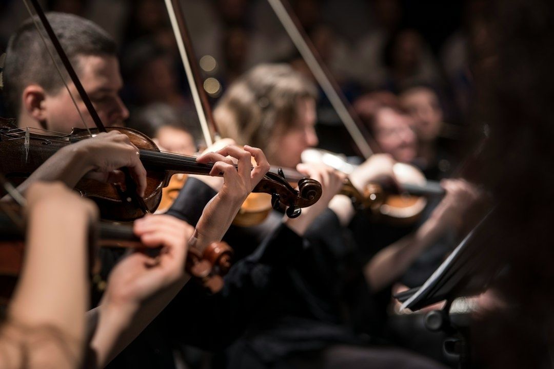 Strijkers van een orkest spelen samen tijdens een concert